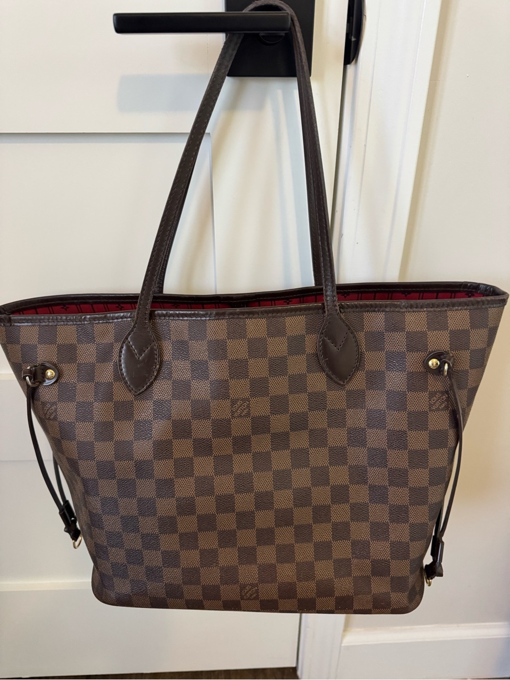 Louis Vuitton Brown Damier Tote with Red Interior